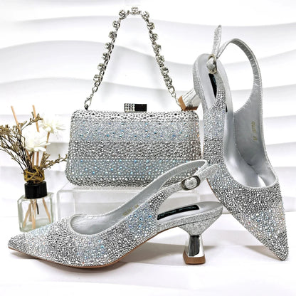 Fashion Nigerian Women Heel Party Ladies Italian Design Green Shoes And Bag Set Decorated with Rhinestone Handbag Wedding Party