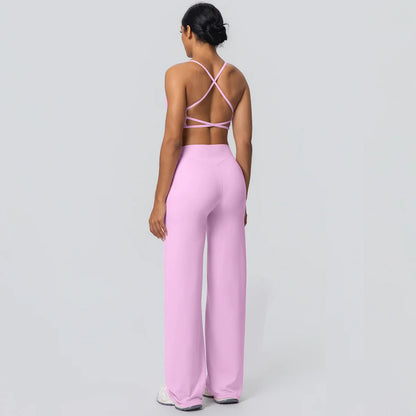 Women Gym Sports Yoga Suit Sexy Beautiful Back Yoga Underwear With Chest Pad Solid Color High Waisted Wide Leg Pants Yoga Set