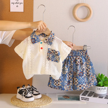 Children Summer Fashion Baby Boy Clothes Kids Collar Hollow Out Polo T Shirt+ Flower Shorts 2pc/Set Toddler Girls Casual Outfits