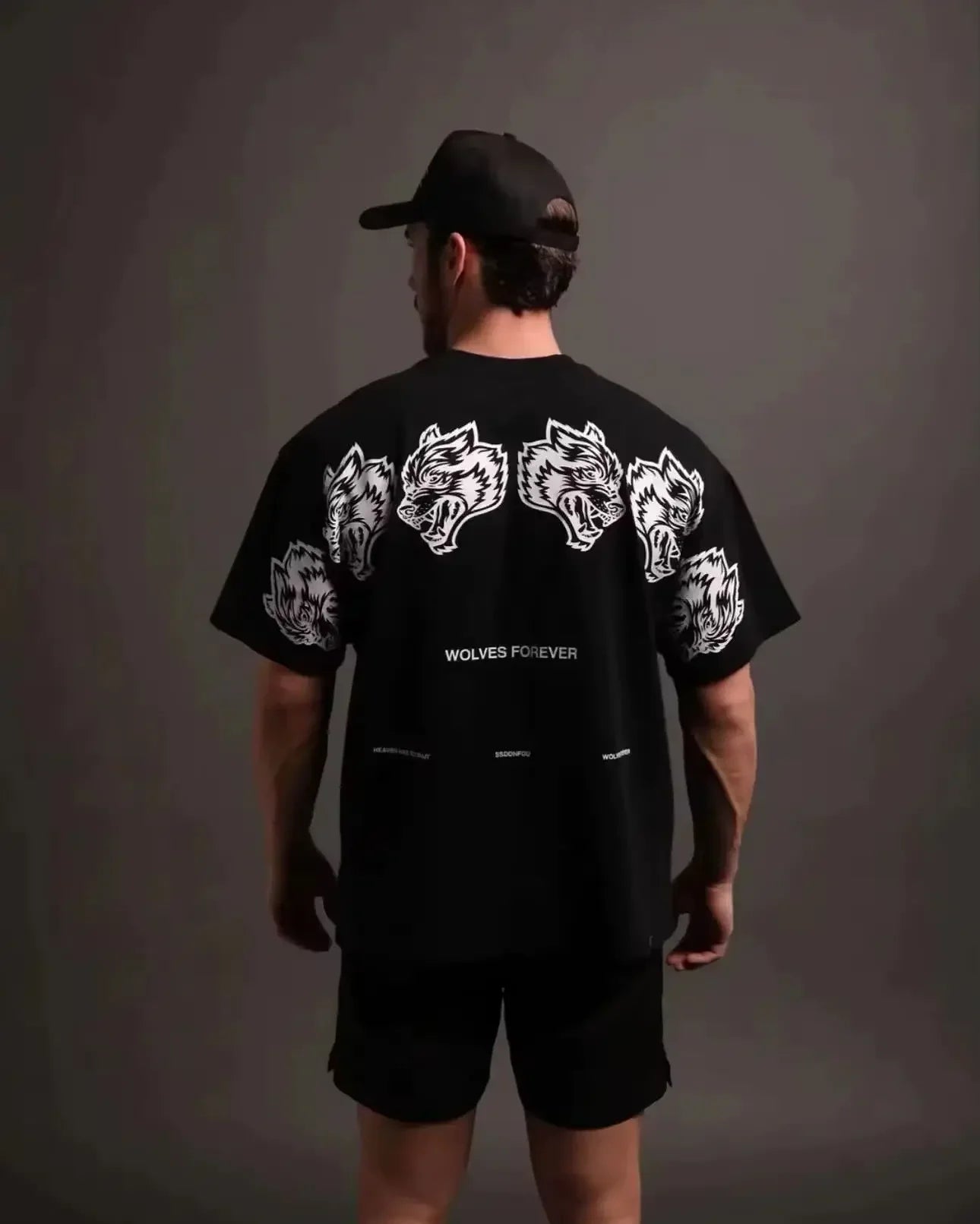 Summer Fitness 100% Pure Cotton Breathable Round Neck T-shirt Gym Wolf Letter Print Men's Casual Loose Short Sleeved Shirt