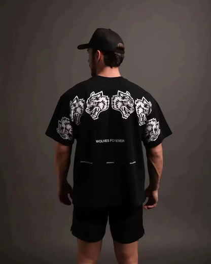 Summer Fitness 100% Pure Cotton Breathable Round Neck T-shirt Gym Wolf Letter Print Men's Casual Loose Short Sleeved Shirt