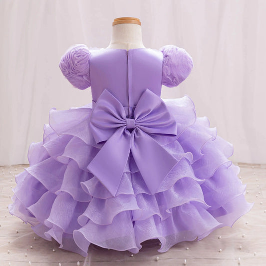 Vestido de Bebê Primavera/Verão 2025, vestido de festa de aniversário de fio macio com flores tridimensionais, apresentação de piano, vestido de menina elegante e fofo.