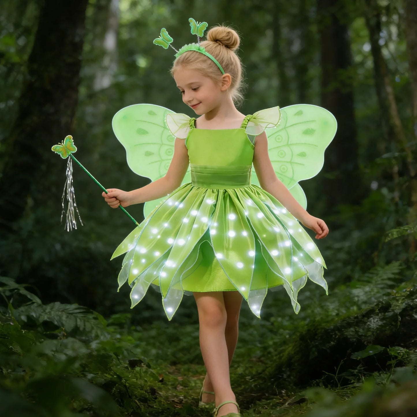 Childern Princess Dress For Girls LED Light With Flower Fairy Dress Up Kids With Wings Halloween Elves Party Tinker Bell Dress