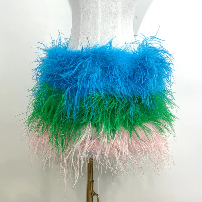 True ostrich feather Multicolor Mini Skirt Elastic Waist  Sexy Clothing Club Party Dance Rave Short Skirt Note select 3 colors