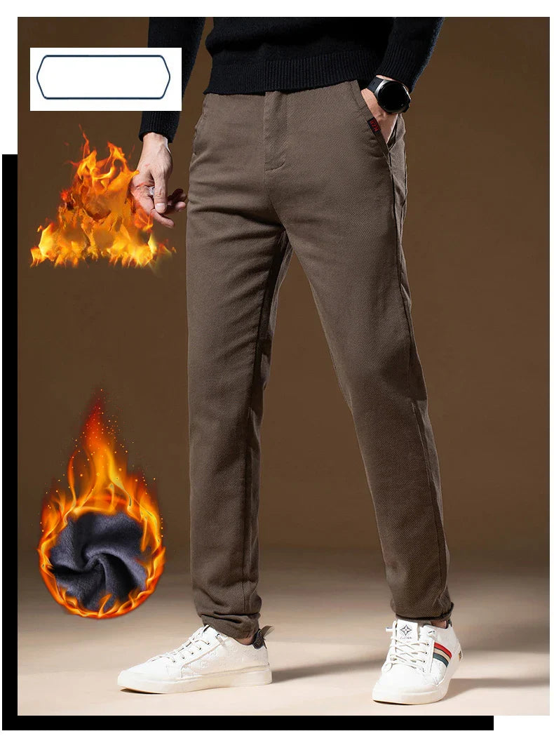 Korean Business Casual Fleece Men Pants Winter Thickened Straight Thermal Casual Pants Male Fashion Stretch Warm Velvet Trousers