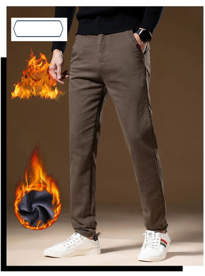 Korean Business Casual Fleece Men Pants Winter Thickened Straight Thermal Casual Pants Male Fashion Stretch Warm Velvet Trousers