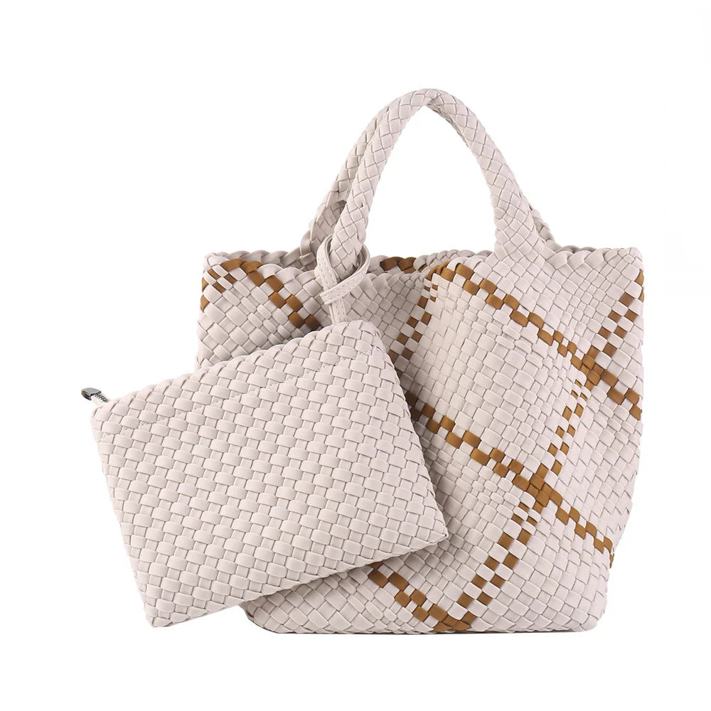 Woven Bag for Women, Neoprene Tote Bag Summer Beach Handbag Purse Retro Handmade Travel Shoulder Bag Set Neoprene Weave Tote Bag