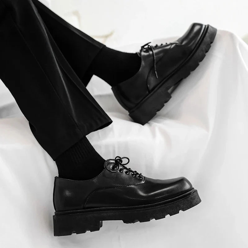 Men's Formal Shoes with Flat Heel Low Top Lace-up Solid Color Thick Sole Unique and Fashionable New Style Leather Shoes