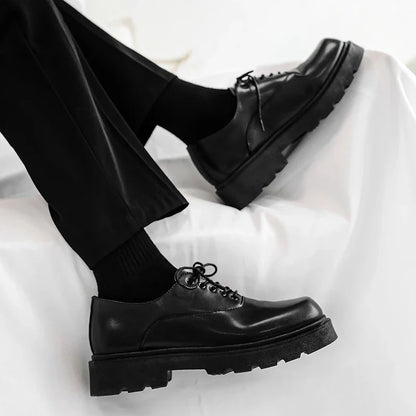 Men's Formal Shoes with Flat Heel Low Top Lace-up Solid Color Thick Sole Unique and Fashionable New Style Leather Shoes