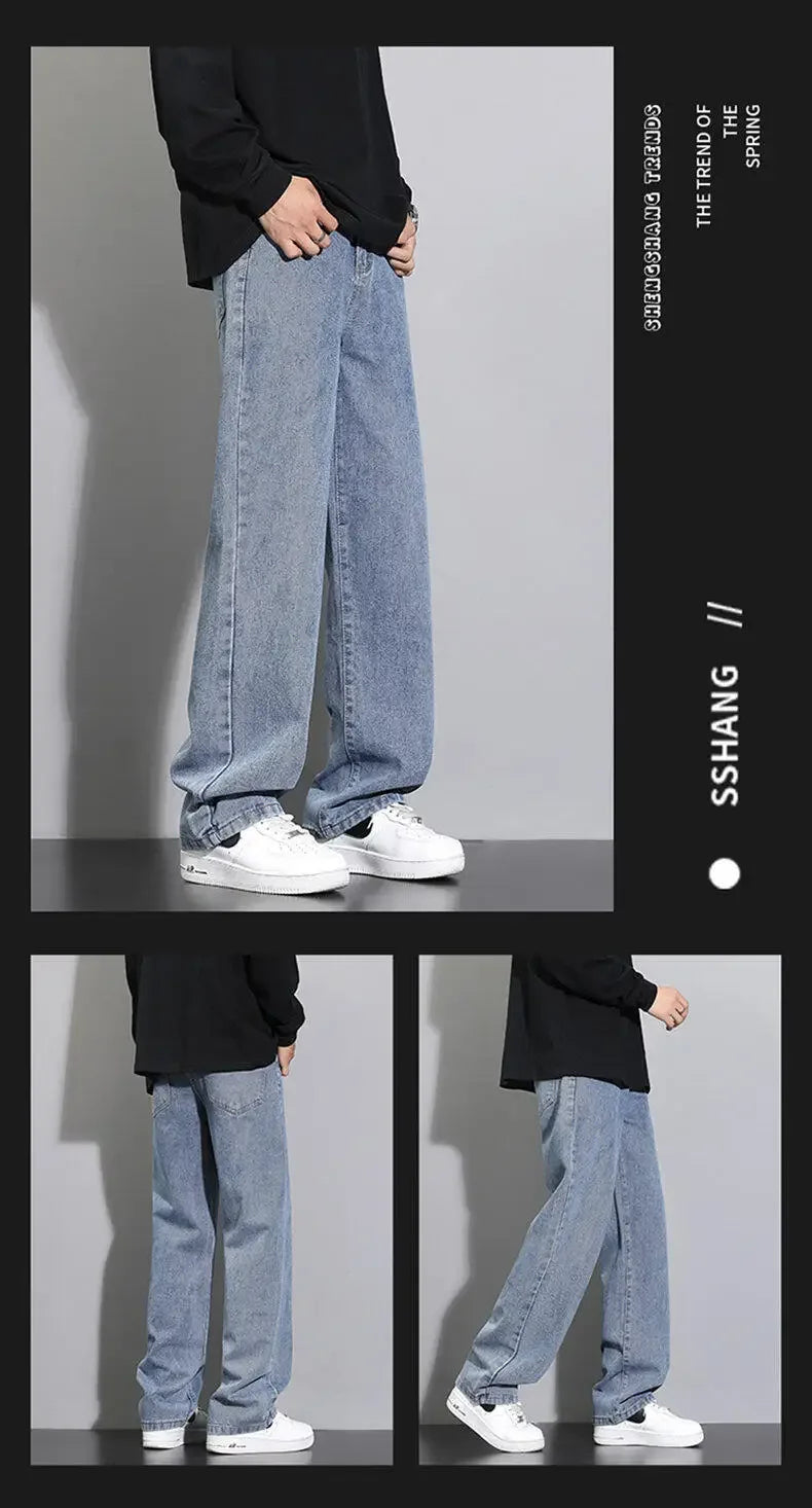 2026 New Korean Men's Casual Long Jeans Classic Man Straight Denim Wide-leg Pants Solid Color Light Blue Black 3XL Cargo Jean