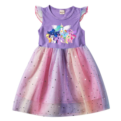 My Little Pony Baby Girls Dress Children Cartoon Mesh Star Sequins Princess Dress Kids Flying Sleeve Skirt For Daily Gift