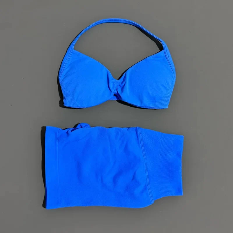 No Logo 2 Piece Impacts Gym Set Women Seamless Yoga Strappy Bra Workout Scrunch Sports Low Waist Shorts Sport Set