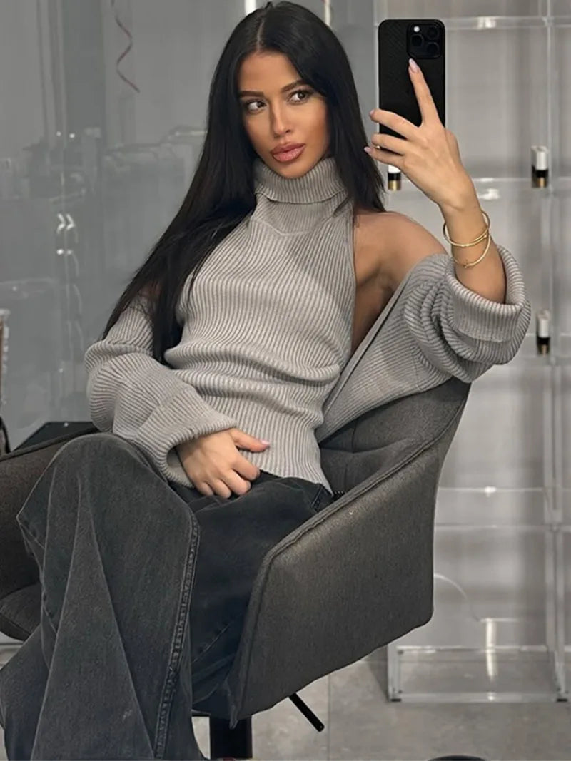 Trendix Hollow Out Sweater Sets For Women 2025 Fall New Long Sleeve Knitwear Shawl Suits Sexy Backless Knit Tank Top 2 Piece Set