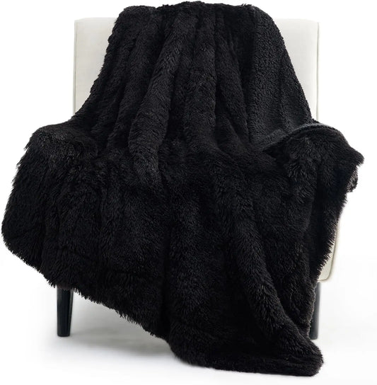 Fluffy Black Throw Blanket Gifts for Women Men Soft Fleece Fuzzy Sherpa Plush Warm Minky Thick Faux Fur Throws for Couch Bed