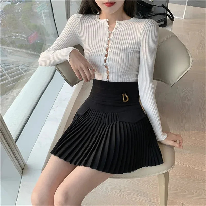 Fashions White Pleated Skirt Women High Waist Skater Skirt Female Korean A-Line High Fashion Casual Short Skirt Women Bottoms