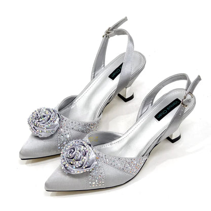 Sparkling Rhinestone Rose Pumps With Medium Heel for Nigerian Women's Party, Pointed Toe Shoes and Matching Bags
