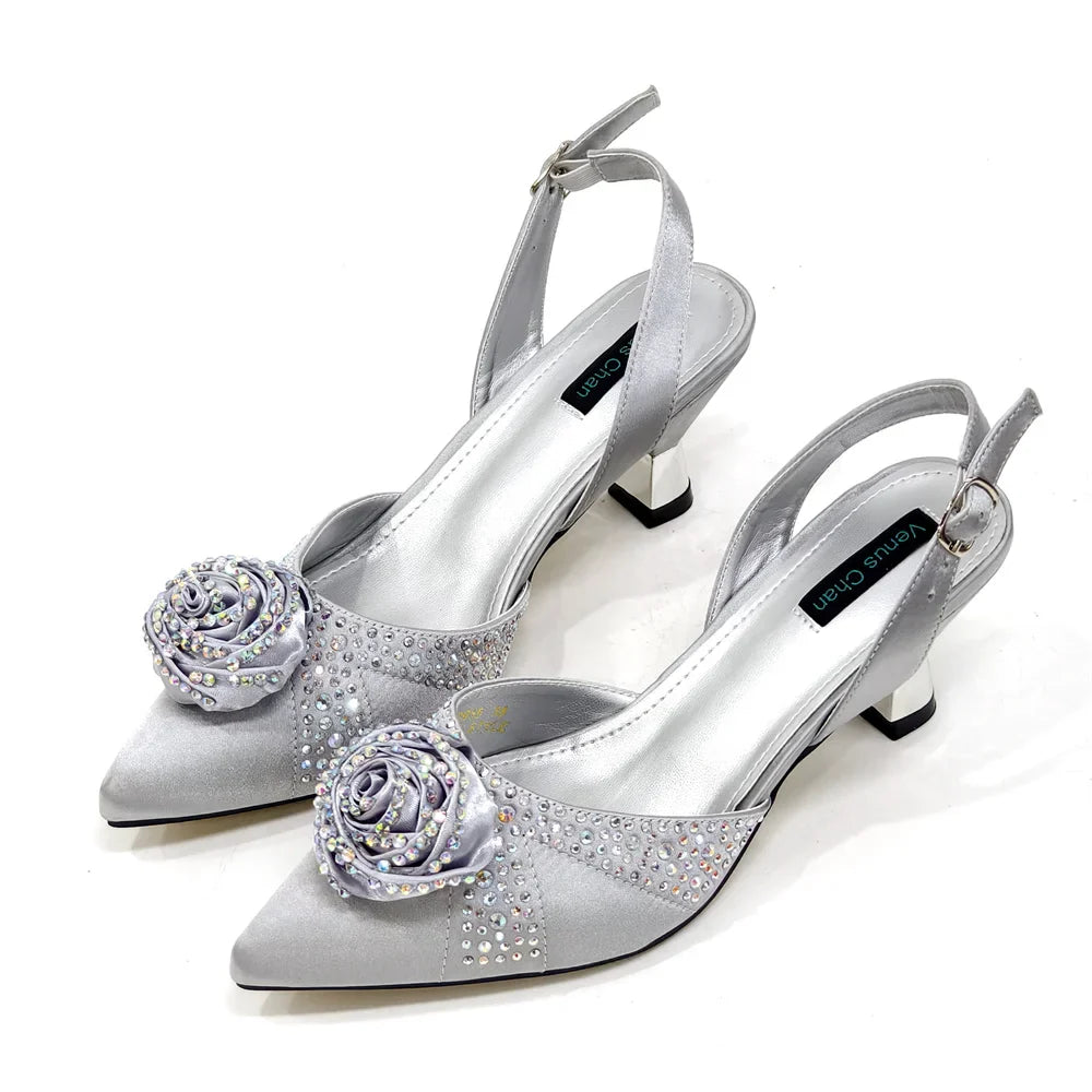 Elegant Rhinestone-Embellished Brown Heeled Shoes and Handbag Set for Women with Floral Decoration – Perfect Small Size Fashion