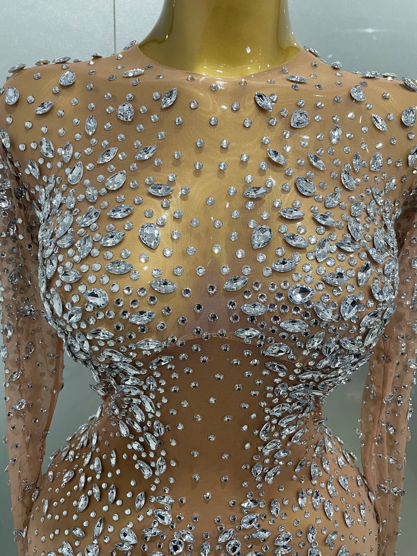 Shinny Rhinestone Stretch Mesh Transparent Long Dress 2025New Women Evening Birthday Party Prom Nightclub Singer Stage Wear
