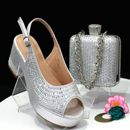 Silver Women Platform Shoes And Bag Set To Match African Ladies Summer Sandals With Handbag Pumps Clutch Femmes Sandales
