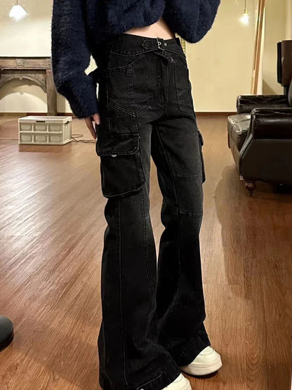 High Street Office Lady Black Flare Jeans Slim Bell Bottoms Gyaru Fashion Denim Trousers Multiple Pockets 2000s American Retro