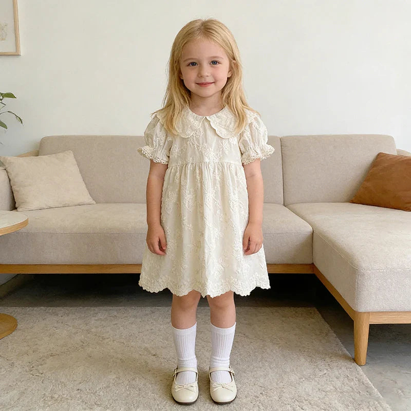2026 Summer New Pure Cotton Embroidered Floral Short Sleeved Girl's Dress 2-6Yrs Versatile Adorable Korean Style Dress