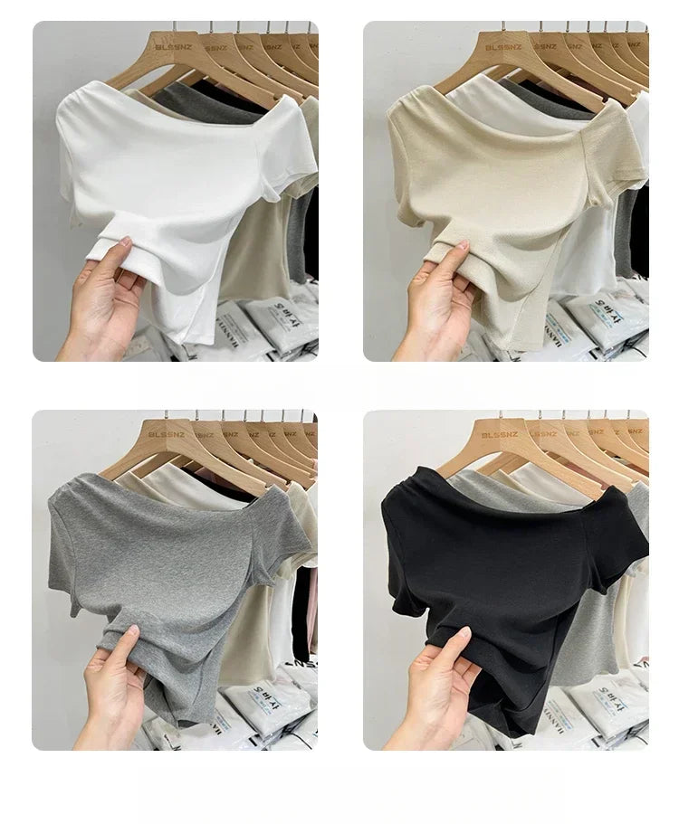 Womens Long Sleeve Off Shoulder T Shirts 2026 Tight Knit Sexy Slim Fitted Casual Women's Basic Tops Cropped T-Shirt