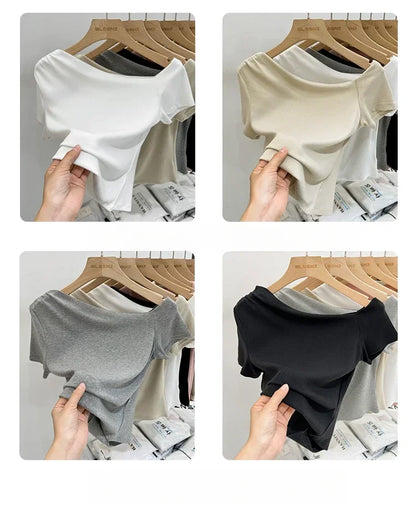 Womens Long Sleeve Off Shoulder T Shirts 2026 Tight Knit Sexy Slim Fitted Casual Women's Basic Tops Cropped T-Shirt