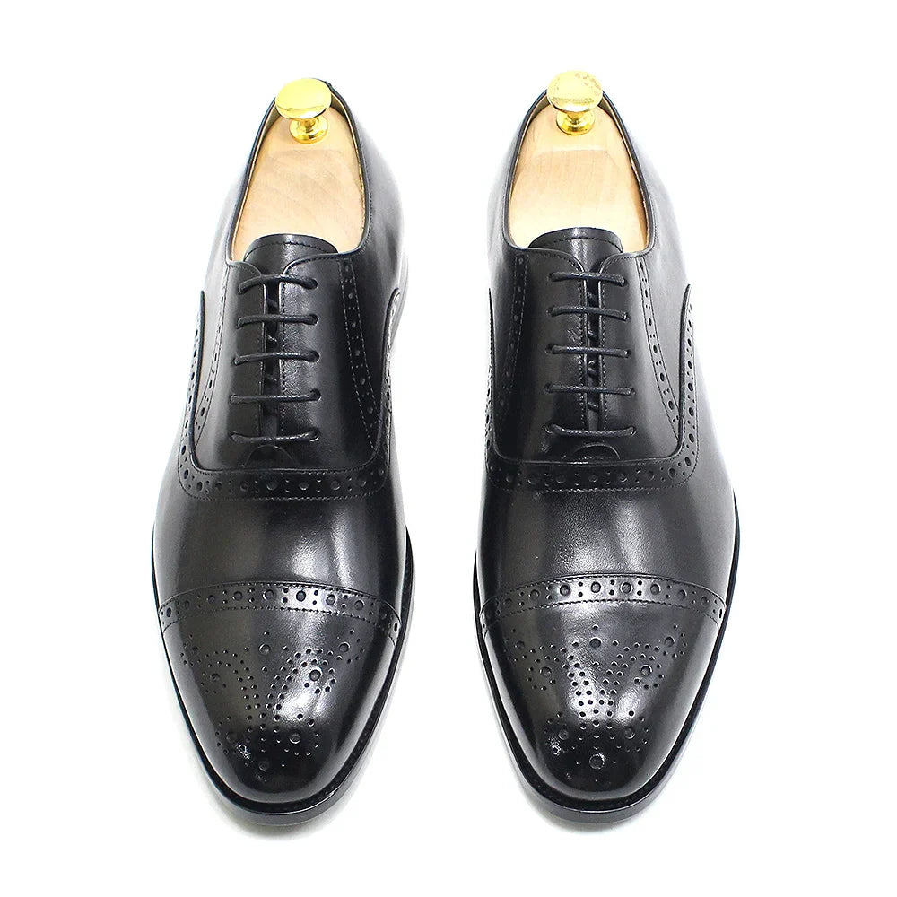 Luxury Genuine Leather Calfskin Cap Toe Oxfords Men's Dress Shoes Italian Style Lace-Up Wedding Business Formal Shoes for Men