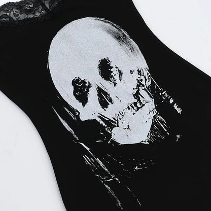 Streetwear Anime Skull Print Straps Mini Dress Fairy Lace Stitch Club Outfits Slim Sexy Bodycon Dresses Mall Gothic
