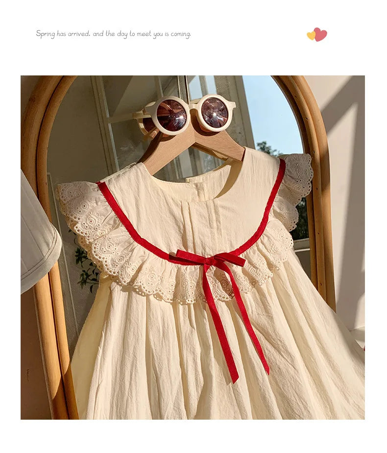 Kid Girl Exquisite Dress Ruffled Lace Collar Trimmed in Red Ribbon Red Dotted Lace Cut Out Embroidery on The Skirt for Children
