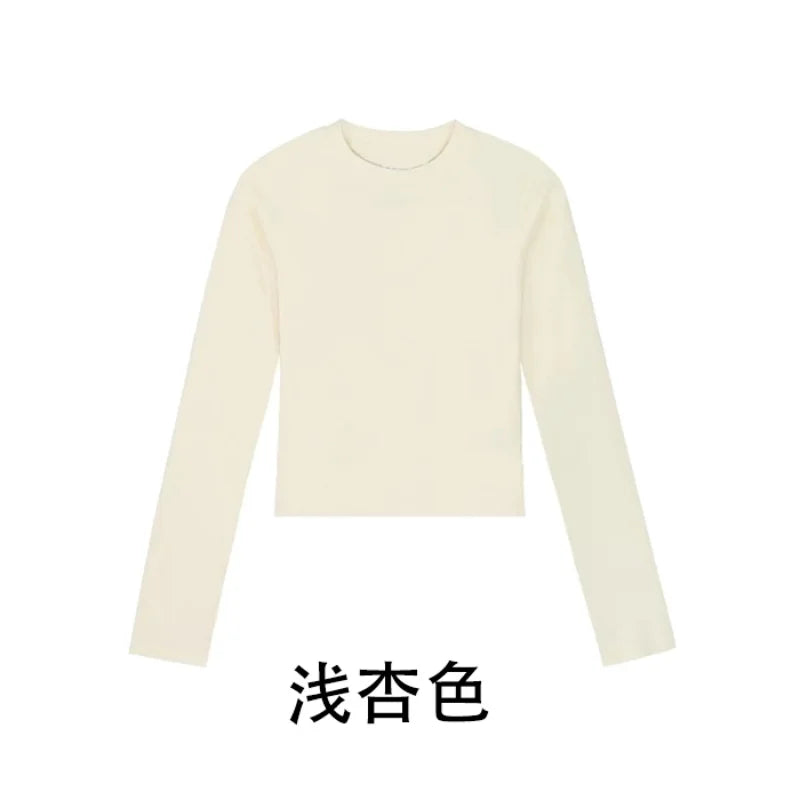 Camisa Feminina Gola O Manga Longa de Algodão Sexy Cropped Tops Outono 2025 Preta Casual Skinny Slim Básica Camisetas Femininas Roupas Brancas