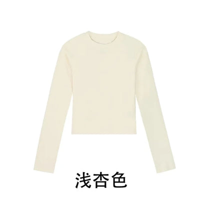 Camisa Feminina Gola O Manga Longa de Algodão Sexy Cropped Tops Outono 2025 Preta Casual Skinny Slim Básica Camisetas Femininas Roupas Brancas
