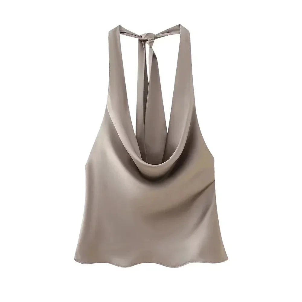 Women's Flowing Draped Halter Neck Tank Tops With Bow Tied, Backless, Sleeveless, Female Camis, Sexy, Fashion