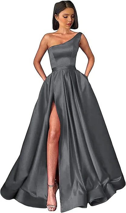 Women's One Shoulder Prom Dresses with Pocket High Slit Pleated Satin Corset Formal Gowns Evening Dress A Line Bridesmaid Gown