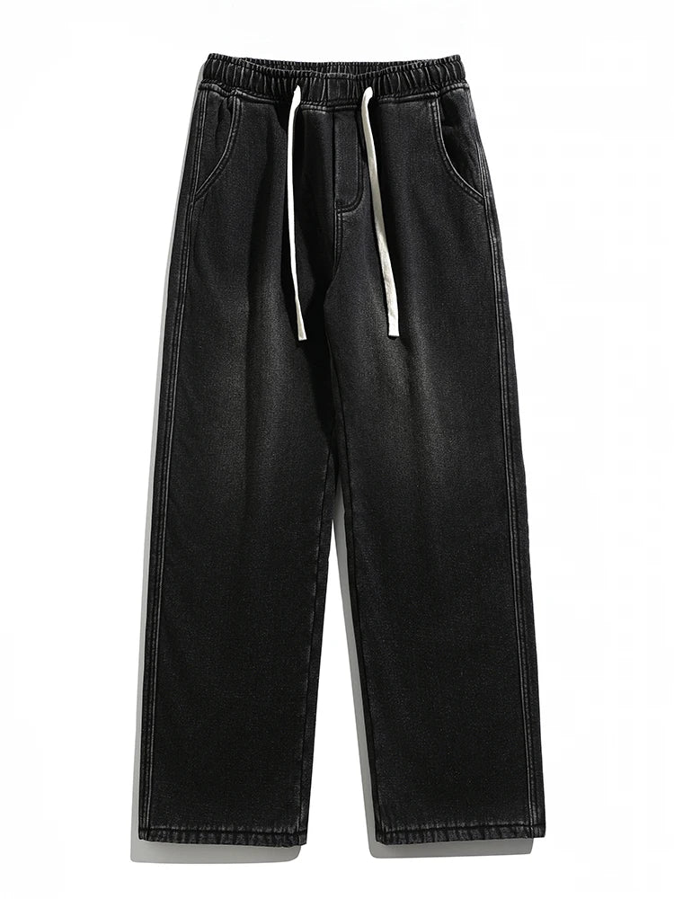 Calça Jeans Masculina de Inverno Coreana Forrada com Lã Grossa Quente Reta Denim Lavado Algodão Azul Retrô Larga Pantalona