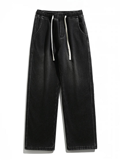 Calça Jeans Masculina de Inverno Coreana Forrada com Lã Grossa Quente Reta Denim Lavado Algodão Azul Retrô Larga Pantalona