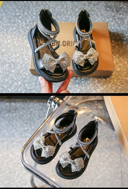 Girls' Shiny Cool Rhinestone Bowknot Children's Sandals 2023 Summer Open-toe Versatile Kids Fashion Back Zipper Casual Shoes New