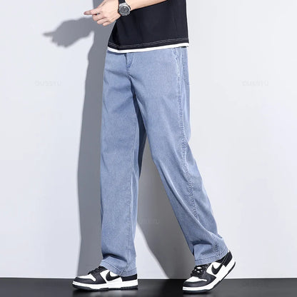 Summer New Upgrade Soft Lyocell Fabric Jeans Men Ultrathin Blue Elastic Waist Loose Straight Denim Trousers Male Plus Size 5XL