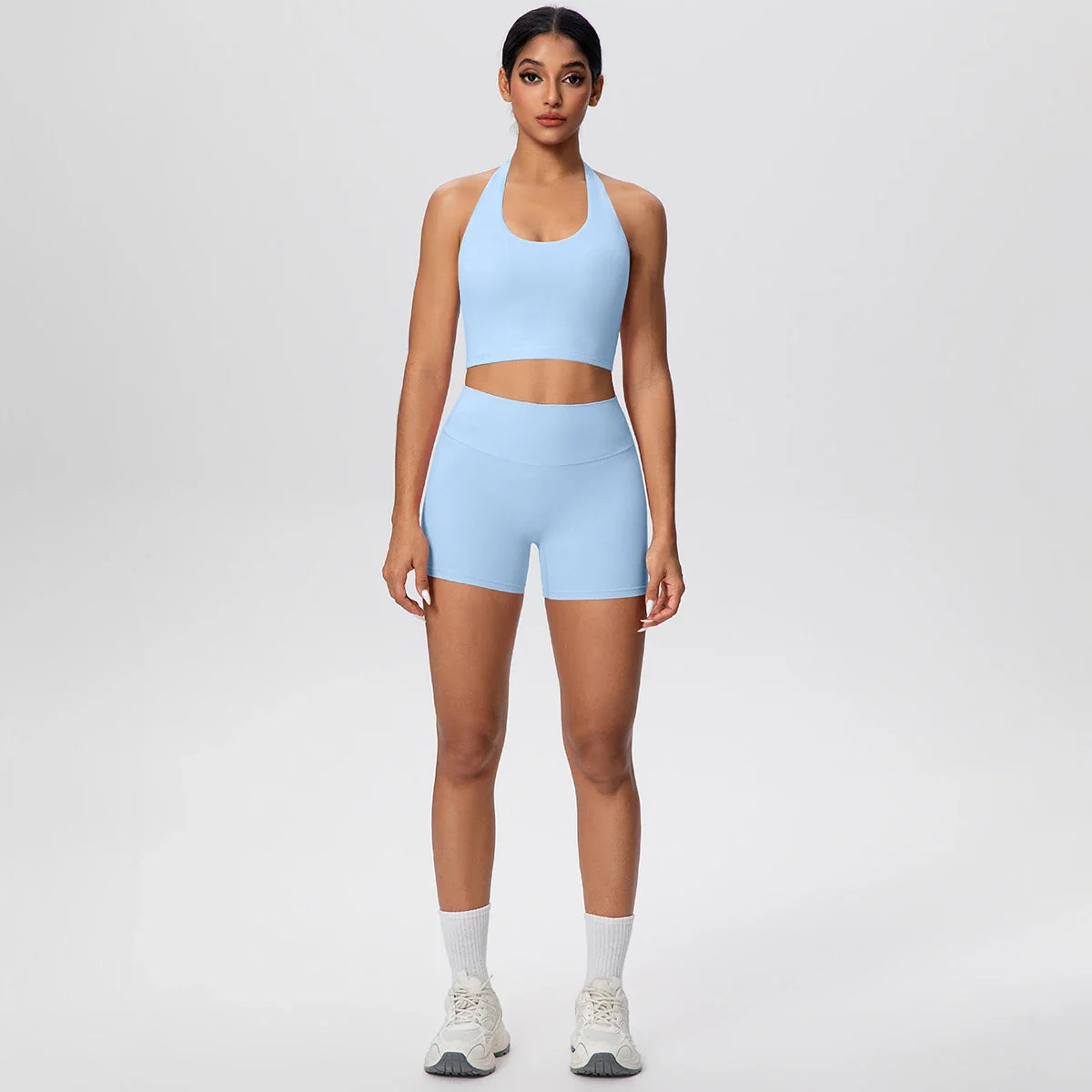 2picese Women Yoga Suit Solid Color High Waist Hip Push Up Fitness Shorts Sexy Pilates Backless Gym Hanging Neck Bra Yoga Set