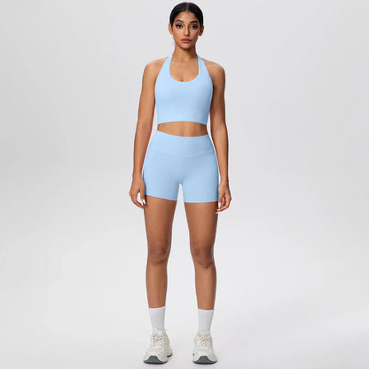 2picese Women Yoga Suit Solid Color High Waist Hip Push Up Fitness Shorts Sexy Pilates Backless Gym Hanging Neck Bra Yoga Set