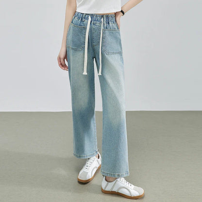 Calça Jeans Feminina Azul Descolorida Perna Larga com Cós Alto Elástico e Cordão