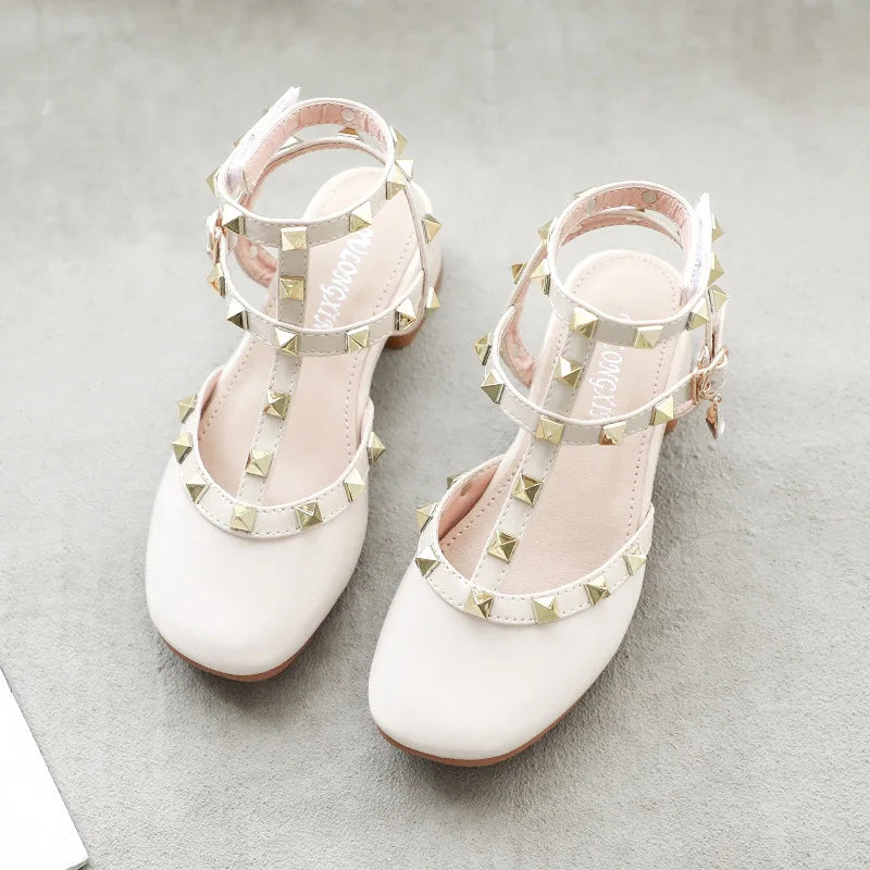 Spring Style Baotou Cool Kids' Shoes with Buckle Rivets School Performance Girl' Shoes with Heel Bright Diamond Children's Shoes