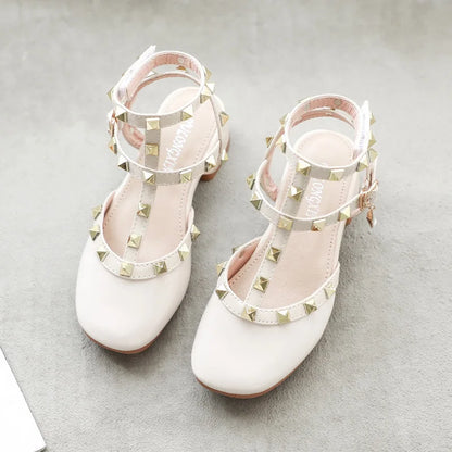 Spring Style Baotou Cool Kids' Shoes with Buckle Rivets School Performance Girl' Shoes with Heel Bright Diamond Children's Shoes