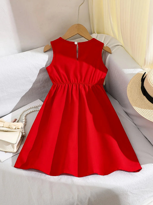 Girl's summer style dress with sleeveless round neck, pearl Velcro, bow decoration, waist cinching, exquisite and elegant dress