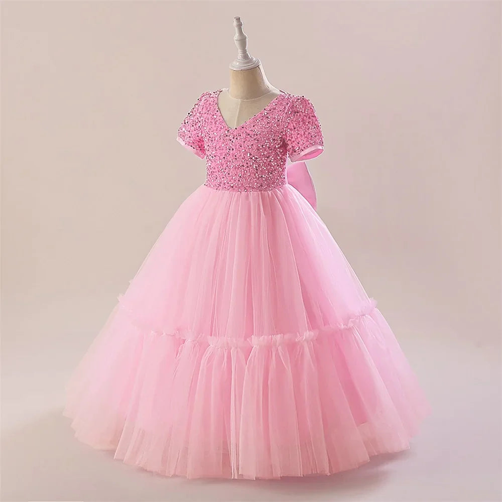 Summer Sequin Bridesmaids Girl Dresses Elegant Tulle Wedding Princess Party Prom Dress for Girl Birthday Pageant Evening Costume