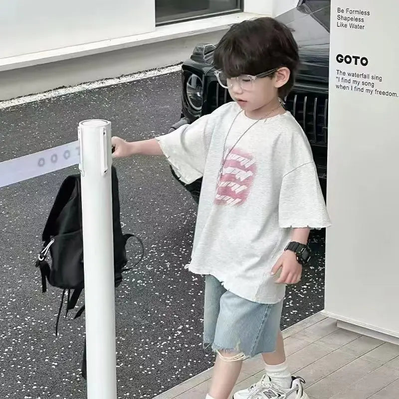 Toddler Boys 2Pcs Summer Outfits Letter Print Short Sleeve T-Shirt Ripped Denim Shorts Set Kids Boys Casual Daily Clothes 2-6Y