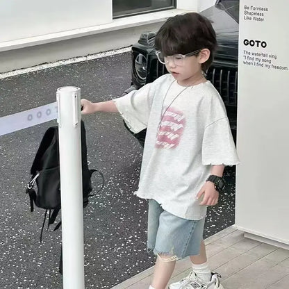 Toddler Boys 2Pcs Summer Outfits Letter Print Short Sleeve T-Shirt Ripped Denim Shorts Set Kids Boys Casual Daily Clothes 2-6Y