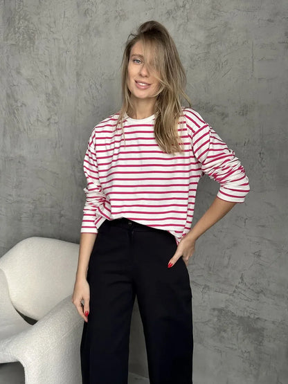 2025 Summer Long Sleeve Striped T-Shirts Women Basic Casual Tops Female Cozy Loose Cotton Tees Harajuku T Shirt New