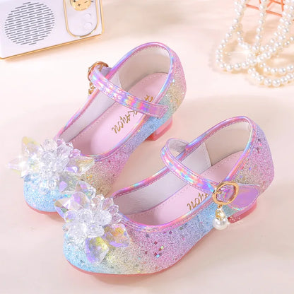 Girls Shoes New Children's Princess Single Shoes Fashion Korean Version High Heel Color Sequins Girls High Heel Leather Shoes