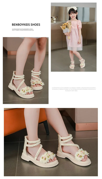 Children's Sandals for Girls Elegant Sandals Pearl Beading Sweet Princess Dress Shoes Kids High-top Roman Sandals Back Zipper